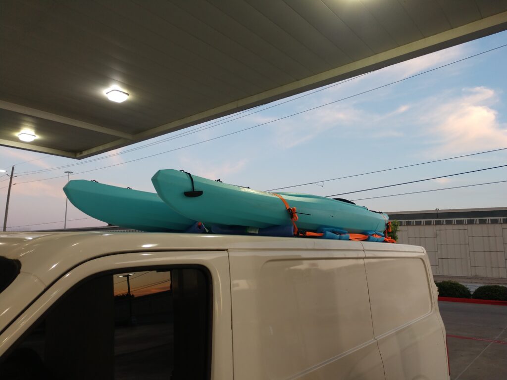 Side view of kayaks on the roof