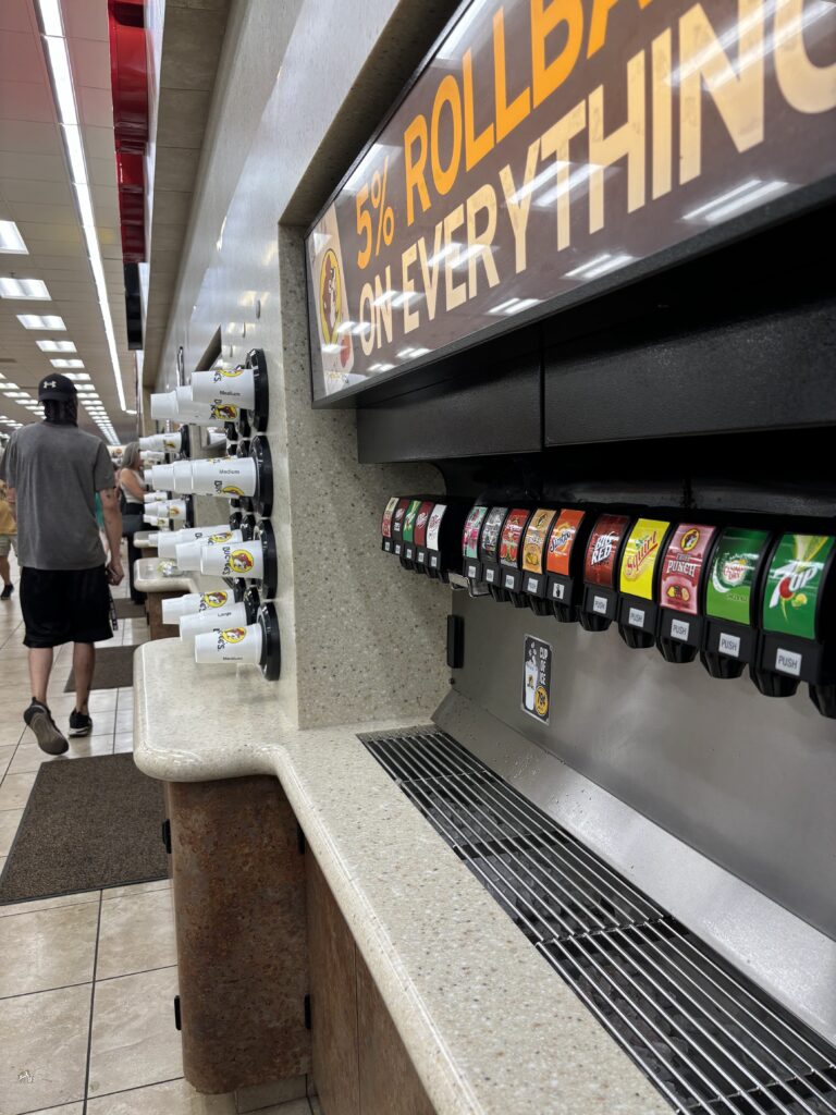 A soda fountain with Buc-ees unique flavors