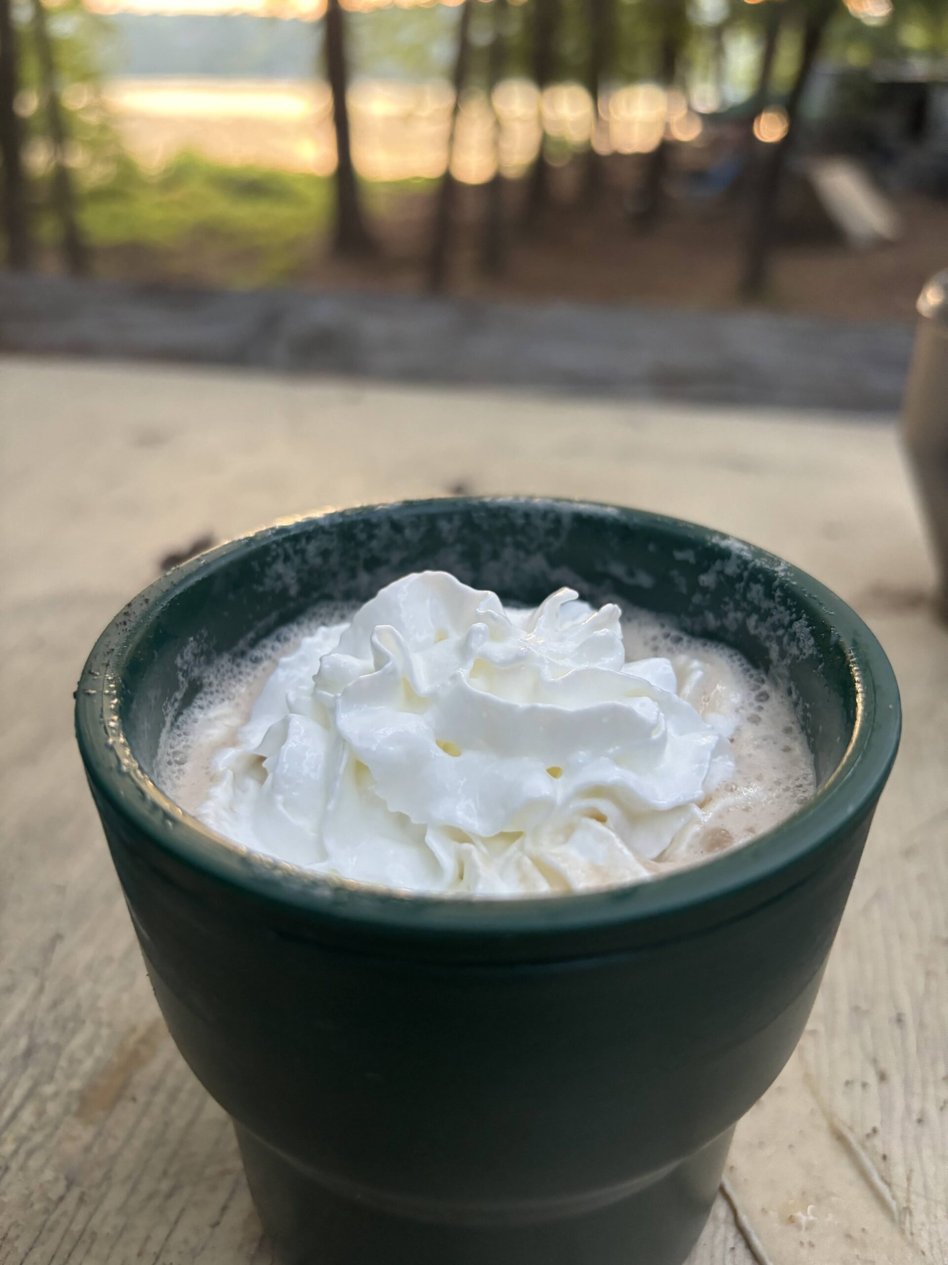 Coffee cup with coffee and whip cream in it overlooking a lake with trees