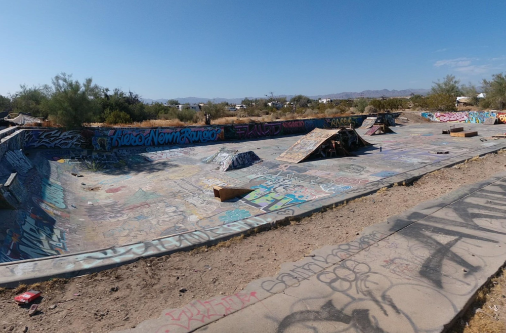 A pool that was turned into a skatepark in Slab City