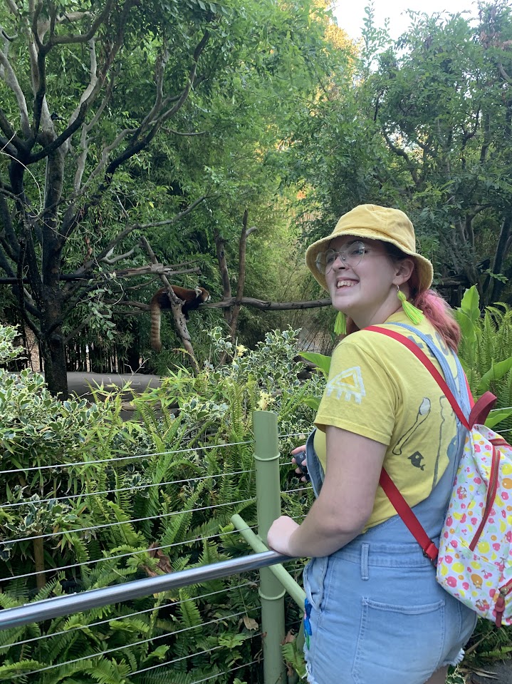 A girl up front with a red panda in a tree behind her