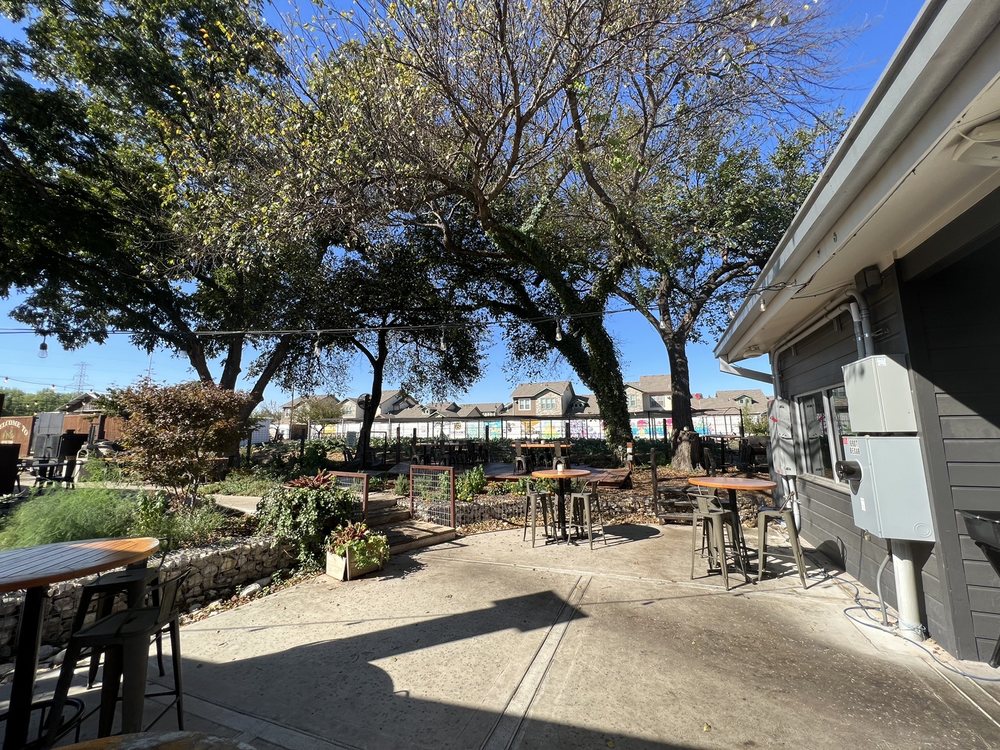 A big tree with a garden surrounding it and the side of a building to the right.