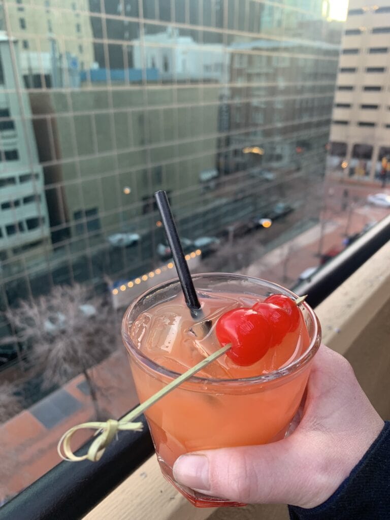 A drink overlooking downtown fort worth from the Embassy Suites