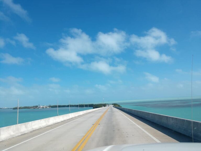 A long (seven mile) bridge with crystal Clear water on both sides