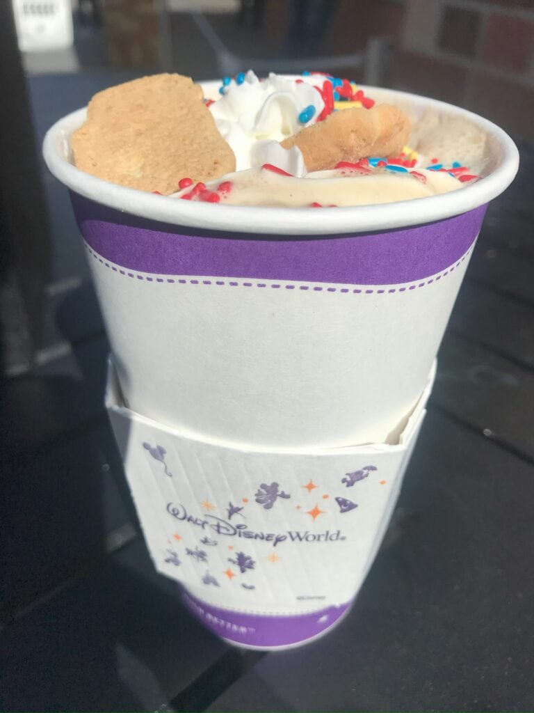 A Round 'Em Up Latte complete with whipped cream and animal cracker cookies from Joffrey's Coffee and Tea in Hollywood Studios