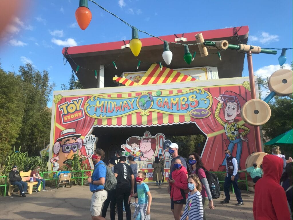 Midway Mania ride entrance with Woody and Buzz on the building