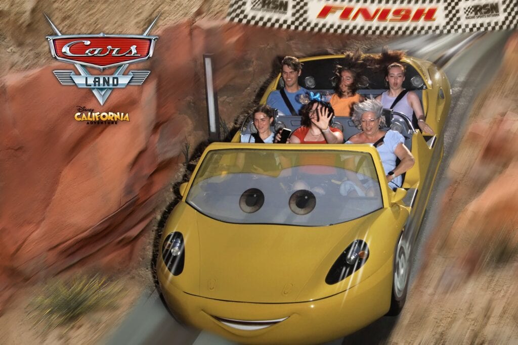 A picture of six people on the Race Car ride at Disney's California Adventure